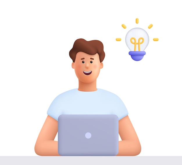man james working on the laptop computer and having a idea 3d vector people character
