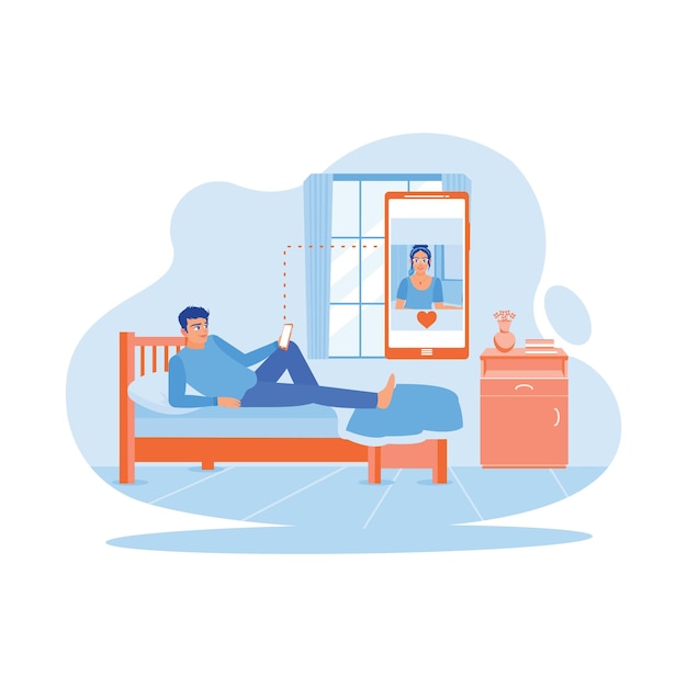 Man lying in bed looking at a photo of the girl Find beautiful girl profiles on online dating apps