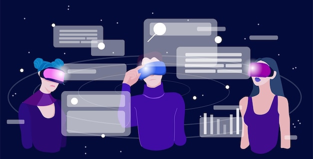 Man med VR-headset utforskar digitalt gränssnitt och arbetar med data. Koncept för virtuell verklighet