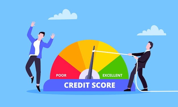 Man pushes credit score arrow gauge speedometer indicator with color levels