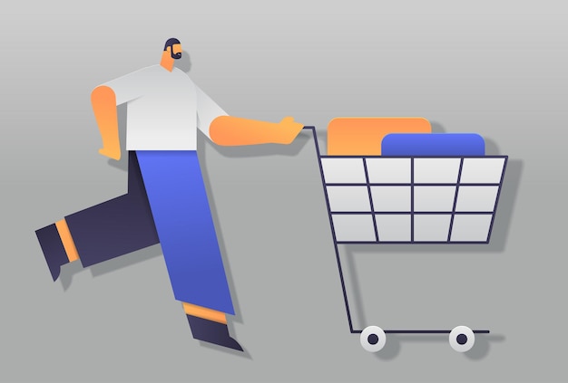 man pushing shopping cart paper cut style illustration person with beard wearing white shirt blue pants pushing cart with items grey background