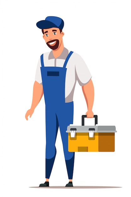 Man repair character in uniform standing with toolbox isolated on white