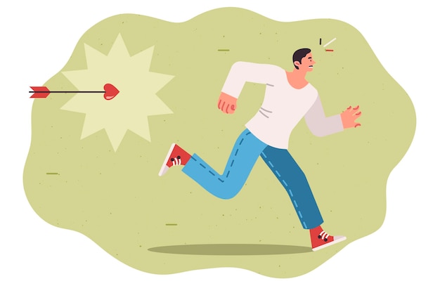 Man runs away from cupid arrow avoiding relationship due to difficult breakup with girlfriend