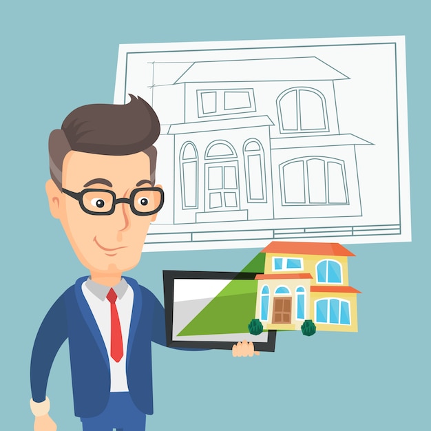 Man showing a house photo on a tablet computer.