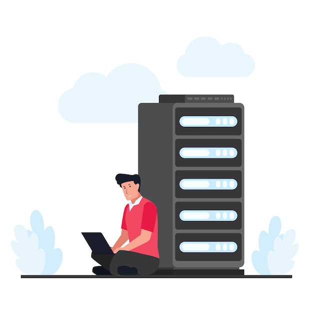 man sit and fix the cloud hosting in server. flat cloud hosting illustration.