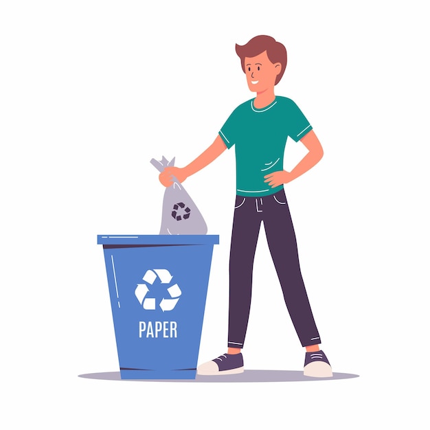 man sorting the garbage. happy man character who care about the environment and put rubbish in trash bins, dumpsters or containers for recycling and reuse. zero waste concept