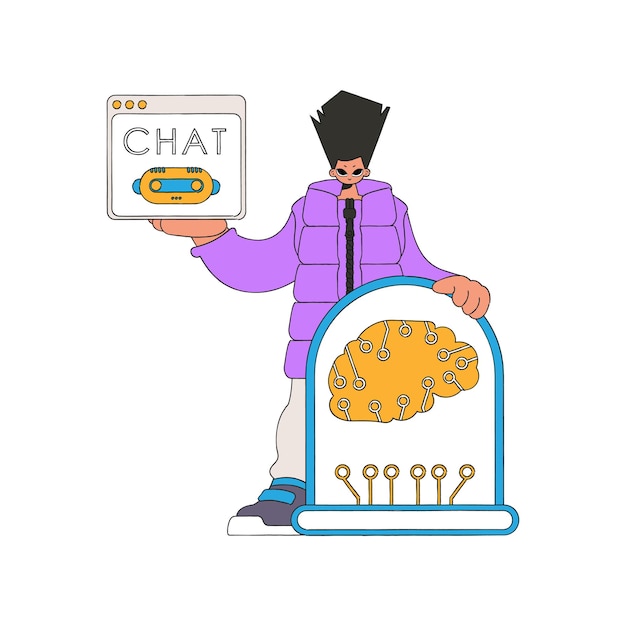 Man speaking into AI device, shown with illustration