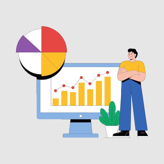 Man standing by computer displaying bar and line graph with pie chart Keywords man computer screen