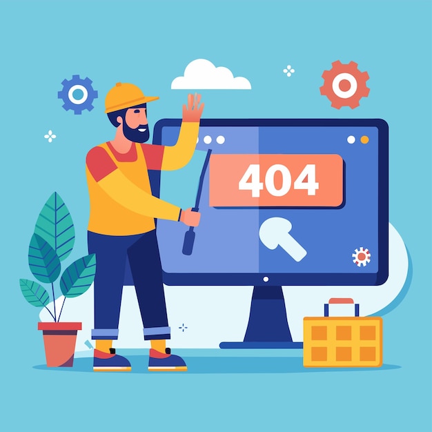 Man Standing in Front of Computer Screen worker fix screen page not found 404 Simple and minimalist flat Vector Illustration