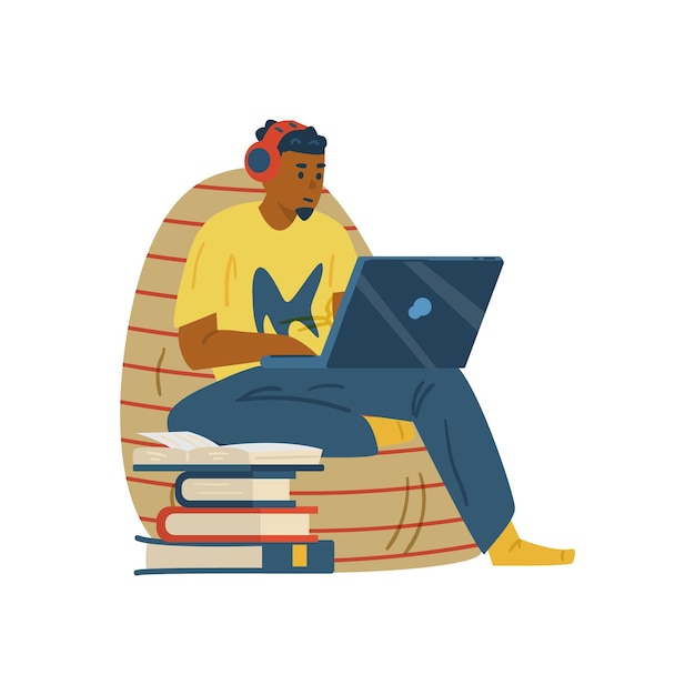 man studying remotely or taking part in online webinar flat vector isolated