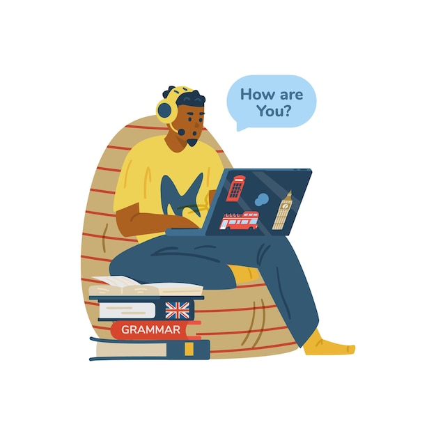 man takes english language speaking practice flat vector illustration isolated