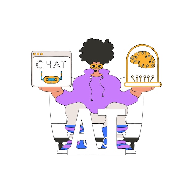 man talking to a.i. in his hands, illustrated in vector format.