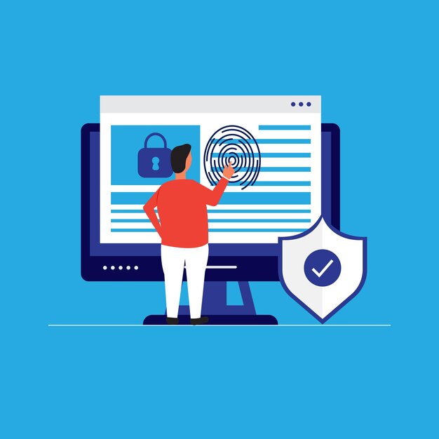 Man touching computer screen with browser window and lock