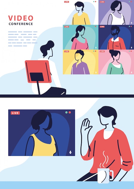 Man using computer for virtual meeting, banner