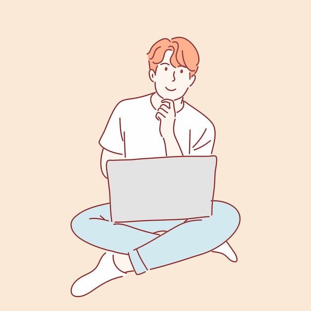 man using laptop computer in hand drawn
