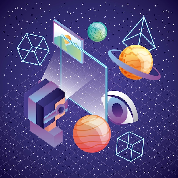 man using vr goggles screen planet 3d figures and screen 