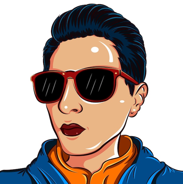 man wearing red sunglasses, with black and blue hair, blue jacket and orange tshirt vector
