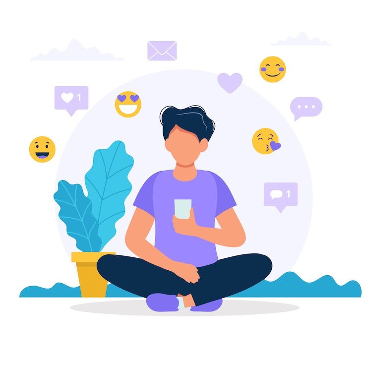 Vektör man with a smartphone, social media icons.