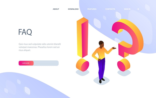 Man with FAQ Young guy near huge question mark and exclamation mark Information and knowledge Answers to frequently asked questions Landing webpage design Isometric vector illustration