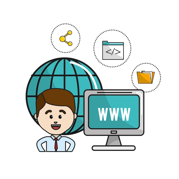 man with global computer connect service and digital icons