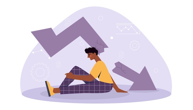 man with inequality in business concept guy sits and cries against background of falling down arrow depression and recession inflation bankruptcy and unemployment cartoon flat vector illustration