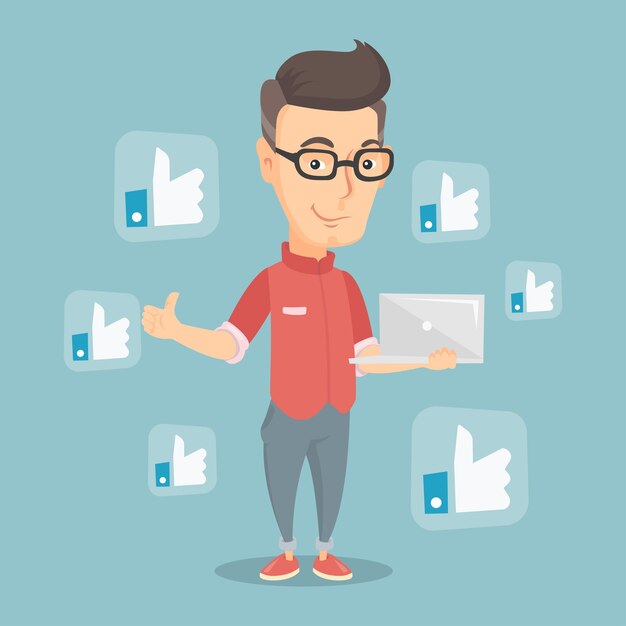 Man with like social network buttons