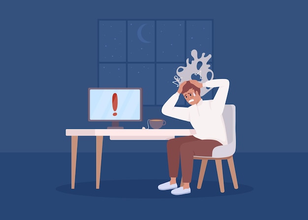 man with panic attack at computer flat color vector illustration