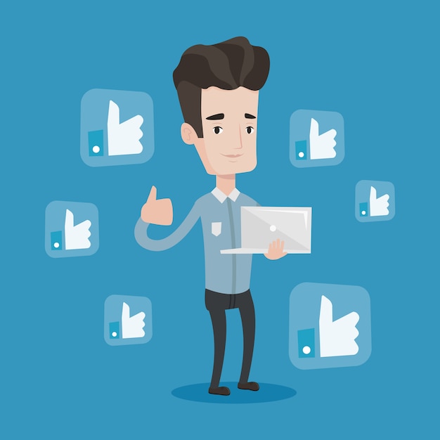 Man with thumb up and like social network buttons.
