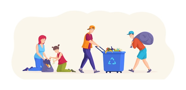 man woman children volunteers cleaning from waste pickup into bags and containers