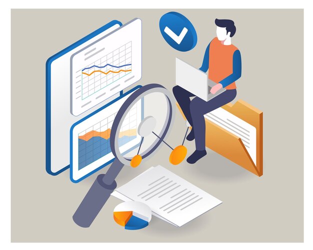 man working data analyst program vector illustration