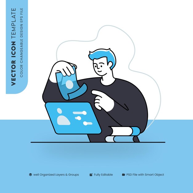 Man working with a laptop analyzing a document - Vector Icon Template