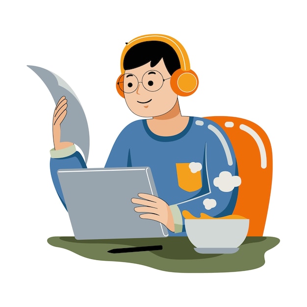 man working with graphic tablet in flat design style