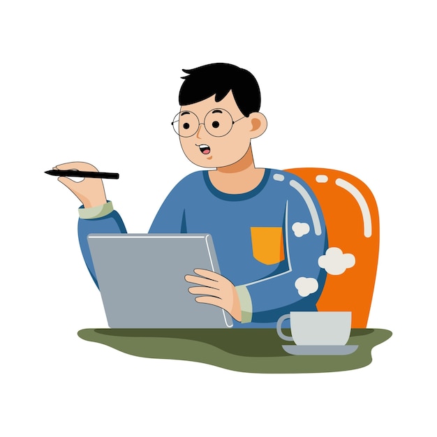 man working with graphic tablet in flat design style