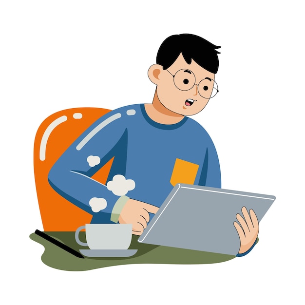 man working with graphic tablet in flat design style