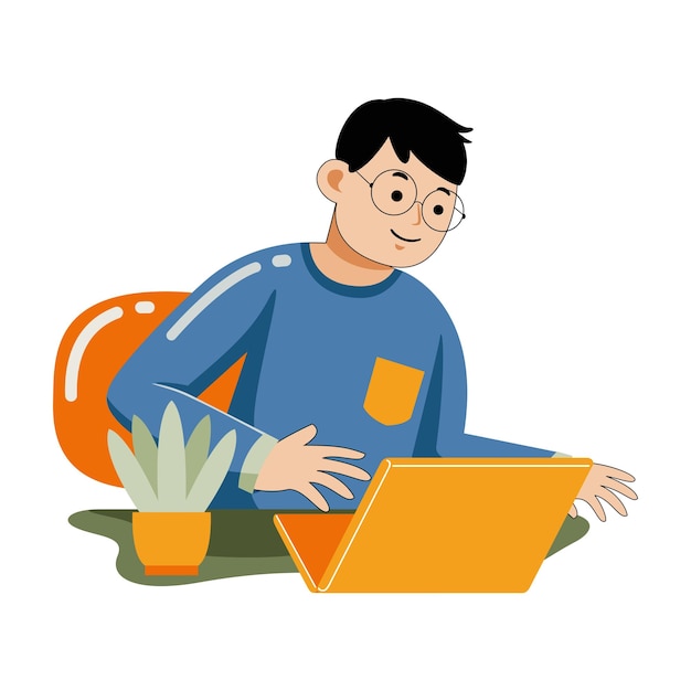man working with laptop in flat design style