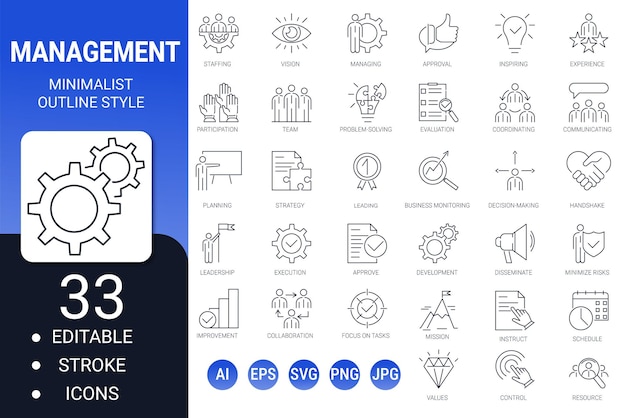 Management line icons editable vector set vision mission values hr teamwork leadership career