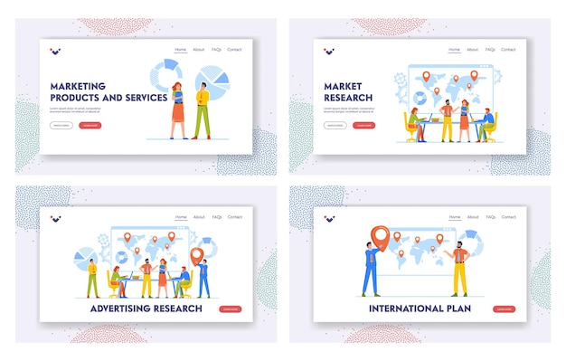 Management Research Landing Page Template Set Business People Think and Discussing Idea in Office with Map