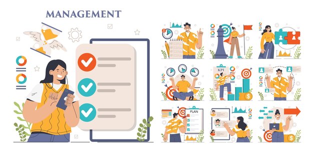 Management set successful strategy development and business planning motivation and leadership