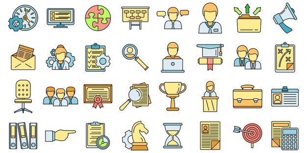 Managing skills employee icons set Outline set of managing skills employee vector icons thin line color flat on white