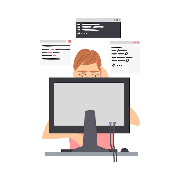 Mandlig webudvikler eller programmør, der arbejder foran computerskærm Vektorillustration