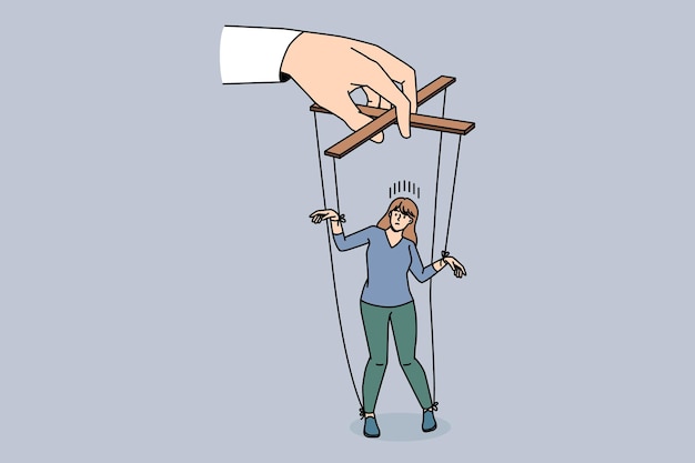 Manipulation and influence playing concept. Human hands golding young woman as marionette making her play role with strings vector illustration
