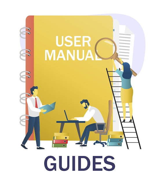 Människor som läser en guidebok, skriver en vägledning, råd, bruksanvisning, platt vektorillustration. Användarhandbok, koncept för användarmanual.