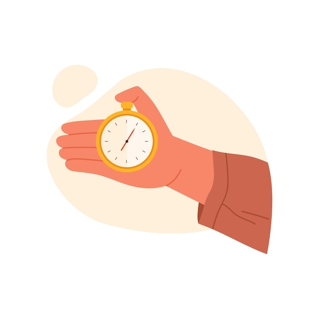 Mans hand holding gold stopwatch to check and measure time of competition