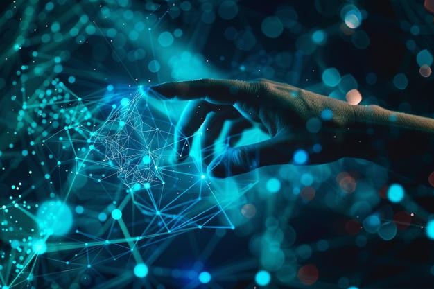 Mänsklig hand som pekar på artificiell intelligens-nätverkskoncept för artificiell intelligens
