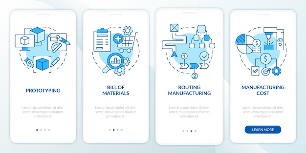 Manufacturing stages blue onboarding mobile app screen Production walkthrough 4 steps graphic instructions pages with linear concepts UI UX GUI template Myriad ProBold Regular fonts used