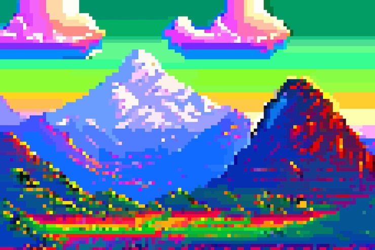 Vektör manzara 8 bit piksel sanatı yaz doğal manzara dağ manzarası arcade video oyunu arka planı