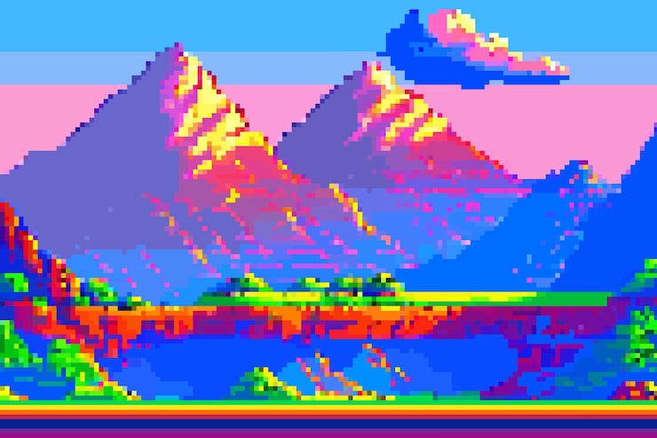 Vektör manzara 8 bit piksel sanatı yaz doğal manzara dağ manzarası arcade video oyunu arka planı