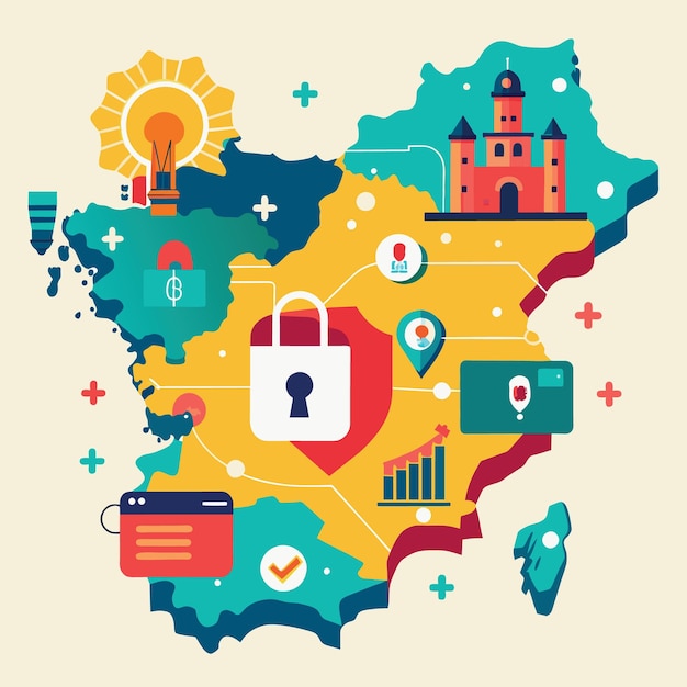 map of spain with lock and binary code background