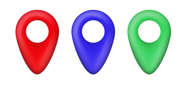 map pointer vector set in red green and blue colors. isolated white background