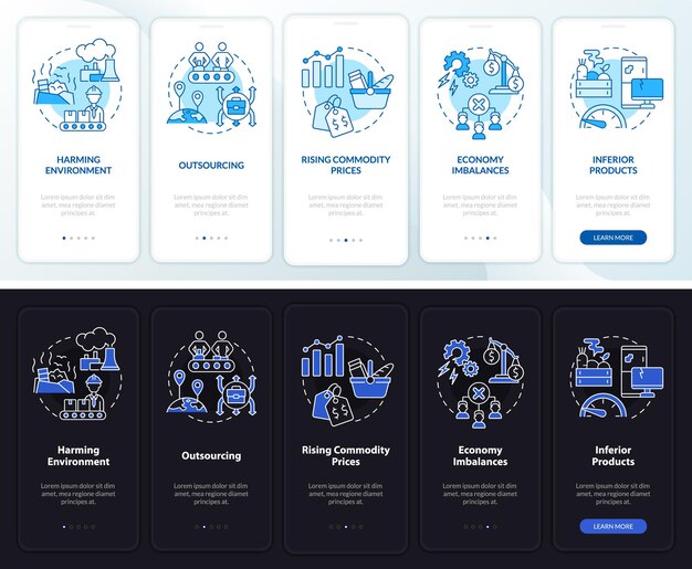 Market economy disadvantage night day mode onboarding mobile app screen